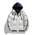 Thick hooded winter jacket for men and women featuring blue and white patchwork design - XS / Apricot