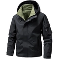 Chaqueta impermeable de hombre para exterior en negro mate con capucha y forro verde oliva - M / Negro