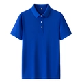 Detail view of royal blue polo shirt collar with three white buttons and knit texture - M / Sapphire Blue
