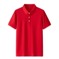 Detail view of red cotton Polo shirt collar with classic three-button placket design - M / Red