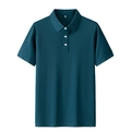 Detail of teal short-sleeved polo shirt with white buttons and ribbed cuffs on white background - M / Deep Sea Blue