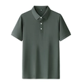 Detailed view of dark green polo shirt collar with three white buttons and size L label - M / Dark Green Gray