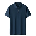 Detail of navy blue piqué cotton polo shirt collar with three-button placket and size label - M / Navy Blue