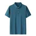 Detailed view of the dark teal polo shirt collar with three buttons and rib-knit cuffs - M / Ocean Blue