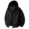 Detail view of men's black UPF100+ sun jacket with hood and zippered side pockets - S / Black
