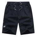 Men's black cotton cargo shorts with elastic drawstring waist and multiple zipper pockets - L / Black