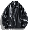 Men's black faux leather jacket with crocodile texture and lapel collar design - M / Black