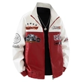 Rood en wit motorjack van PU-leer met vintage borduursels en een opstaande kraag - M / Rood en Wit Color Block (Wit)
