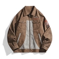Herren Vintage Bikerjacke aus braunem Kunstleder mit grauem Patchwork und Militär-Badges - S / Kaffeebraun
