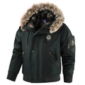 Winter dark green padded bomber jacket for men featuring a thick faux fur collar hood - XS / Dark Green