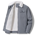 Detailansicht der blauen Cordjacke mit weißem Sherpa-Futter und Vordertasche - XL / Grau