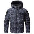 Close-up of tactical camouflage jacket details including hood, chest pockets and sleeve velcro - Python Camouflage