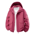 Detail of magenta hooded outdoor jacket with windproof fabric and cargo pockets - S / Strawberry Red