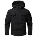 Men's tactical hooded jacket in black softshell fabric with utility pockets and velcro - Black