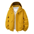 Detail of yellow outdoor jacket showing windproof fabric, cargo pockets, and hood drawstring - S / Yellow