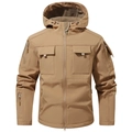 Men's khaki tactical softshell jacket with windproof hooded design and multiple pockets - Khaki