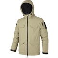 Men's khaki tactical hooded jacket featuring multiple utility cargo pockets and black zippers - S / Khaki