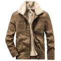 Winterjacke für Herren aus braunem Wildlederimitat mit warmem Fleecefutter und Lammfellkragen - 3XL / Khaki