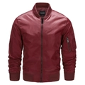 Close-up of wine red bomber jacket featuring ribbed collar and sleeve utility pocket - S / Red
