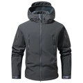 Detail of grey tactical softshell jacket with multi-pocket system and adjustable hood - S / Gray