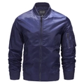 Detailed view of navy blue satin bomber jacket with sleeve pocket and ribbed cuffs - S / Dark Blue