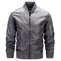 Close-up of silver-gray bomber jacket showing nylon sheen, ribbed collar and zipper pocket - S / Dark Gray