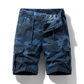 Detailed macro view of men's blue camouflage cargo shorts with elastic waist and drawstring - 28 / Bottoms / Blue Camouflage