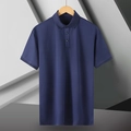 Close-up of the classic polo collar and three-button placket on a navy mesh shirt - Dark Blue