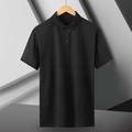 Detailed view of black ice silk Polo shirt collar with buttons on a wooden hanger - Black