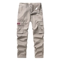 Men's khaki multi-pocket cargo pants in straight-leg cut with red fashion label detail - EU 30 / Khaki