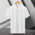 Detail of white ice silk polo shirt featuring classic collar and black buttons on hanger - White
