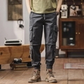 Men's dark grey cargo pants with multiple pockets and elastic drawstring cuffs - EU 29 / Gray