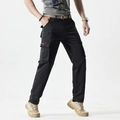 Men's black multi-pocket cargo pants with khaki woven belt and straight leg cut - EU 30 / Black