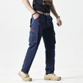 Men's navy blue straight-leg cargo pants with multi-pockets and woven label detail - EU 30 / Dark Blue