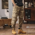 Men's khaki multi-pocket cargo pants with ribbed cuffs in high-quality cotton fabric - EU 29 / Khaki