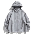 Light gray hooded windbreaker jacket with lightweight crinkle fabric and adjustable drawstrings - 3XL / Gray