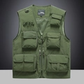 Front view of army green multi-pocket outdoor vest with breathable mesh lining - M / Army Green