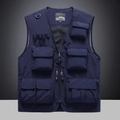 Front view of a dark blue multi-pocket functional vest for outdoor activities and fishing - M / Dark Blue