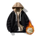 Men's black corduroy hooded jacket with thick white sherpa lining and layered design - M / Black Fleece Lined