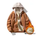 Men's brown corduroy hooded jacket with thick fleece lining and warm double-closure design - M / Caramel (Fleece Lined)