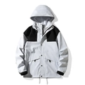Waterproof light grey and black outdoor hooded jacket with windproof patchwork design - XS / Grayish White