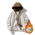 Men corduroy hooded jacket with thick fleece lining in beige and brown contrast color - M / Cream White Fleece Lined