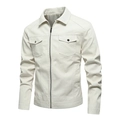 Men's slim fit cream PU leather jacket featuring classic lapel and zip pockets - L / Off White