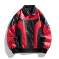 Détail de veste moto en cuir bicolore rouge et noir avec finitions côtelées et fermeture éclair - S / Noir Rouge