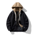 Men's corduroy hooded jacket in black with khaki contrast lining and cargo pockets - M / Black Thin Style