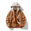 Men's brown corduroy hooded jacket with ivory faux two-piece design and cargo pockets - M / Caramel (Thin)