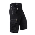 Men's loose multi-pocket cotton cargo shorts with side zippers and silver D-ring details - Black