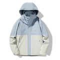 Detail view of a 3-in-1 outdoor jacket featuring a light blue fleece liner and hooded design - S / Women's Light Blue/Ivory White