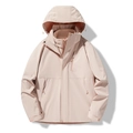 Detail view of pink 3-in-1 waterproof jacket showing adjustable hood and zipper pockets - S / Women's Pink/Pink