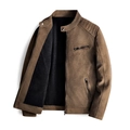 Bruine heren slim-fit imitatie suède jas met fleece voering, opstaande kraag en gewatteerde schouders - L / Bruin